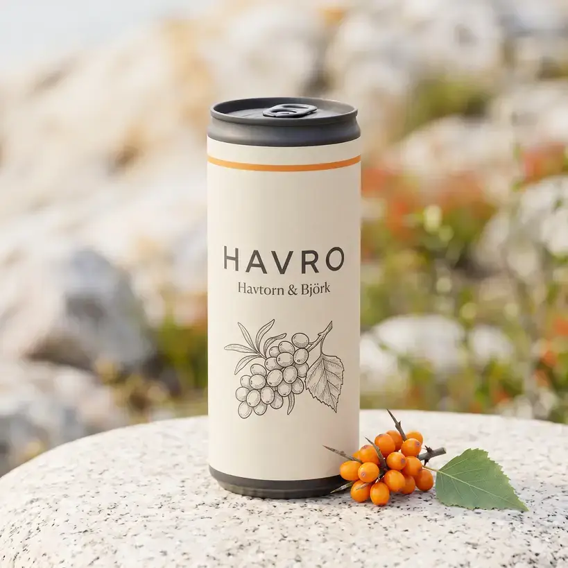 HAVRO Sea Buckthorn & Birch can — orange-cream colourway.