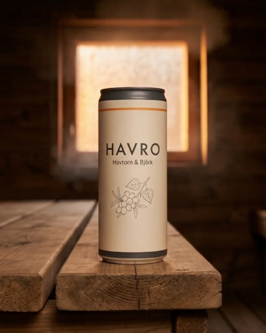A HAVRO can resting on a sauna bench in low evening light.